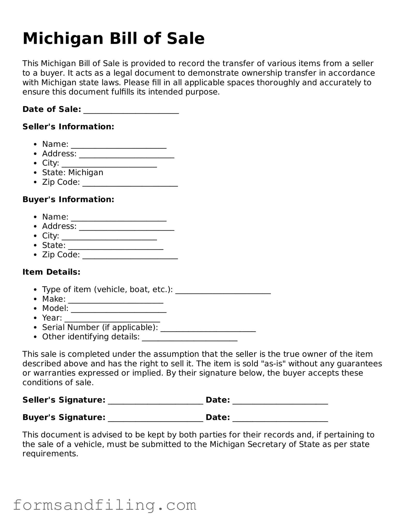 Free Michigan Bill of Sale Template