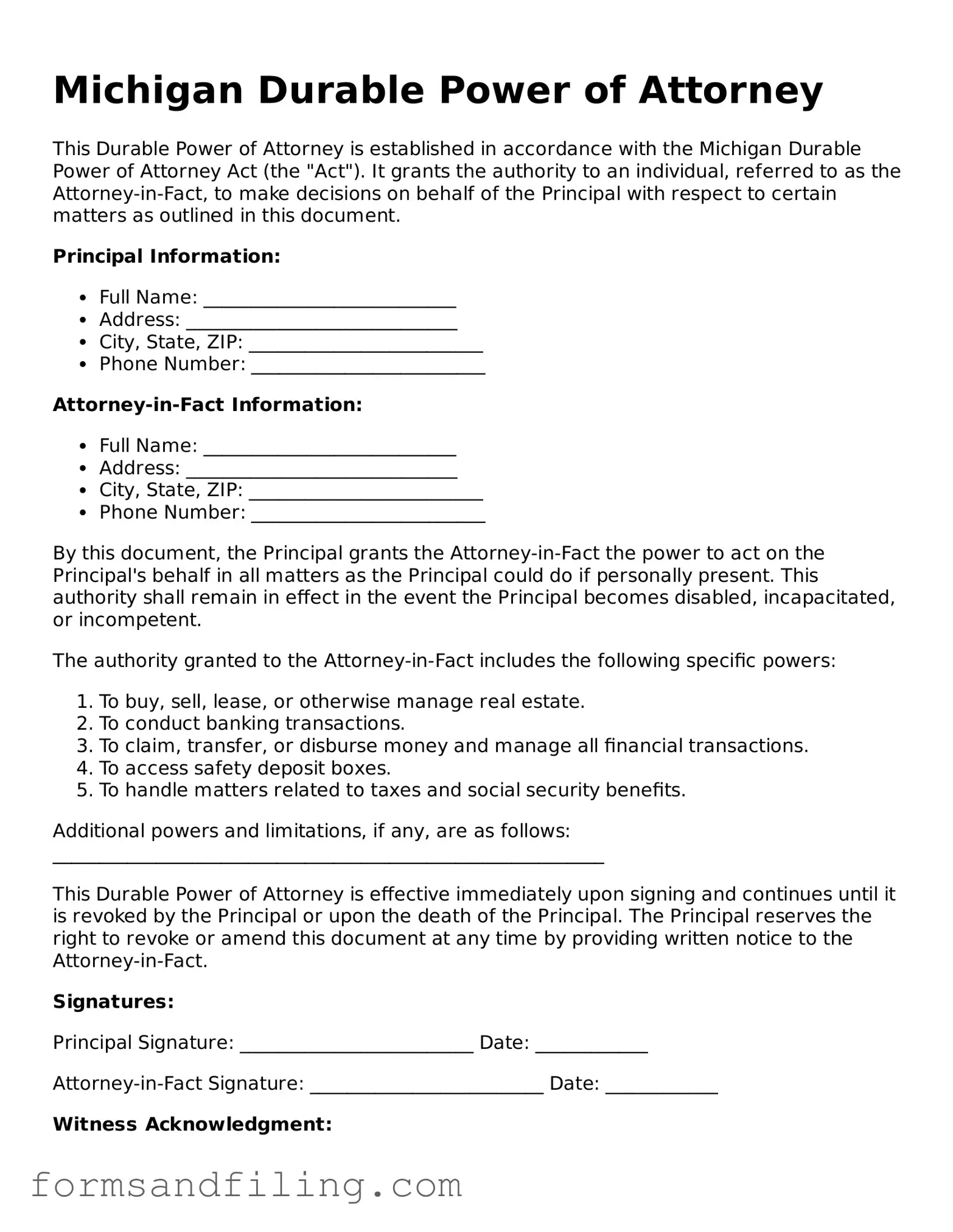 Free Michigan Durable Power of Attorney Template