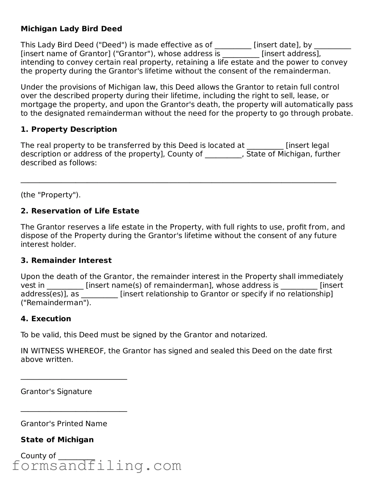 Free Michigan Lady Bird Deed Template