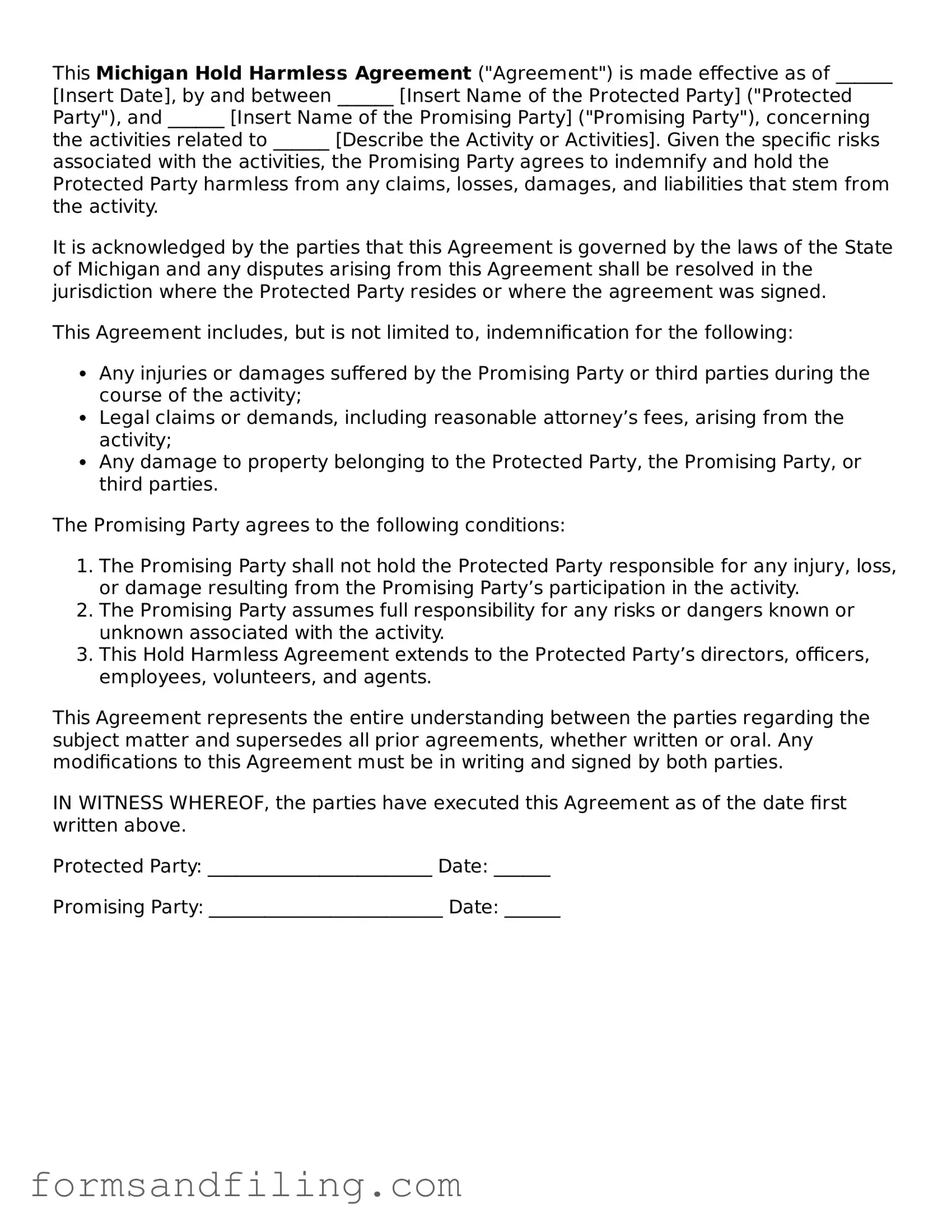 Free Michigan Hold Harmless Agreement Template