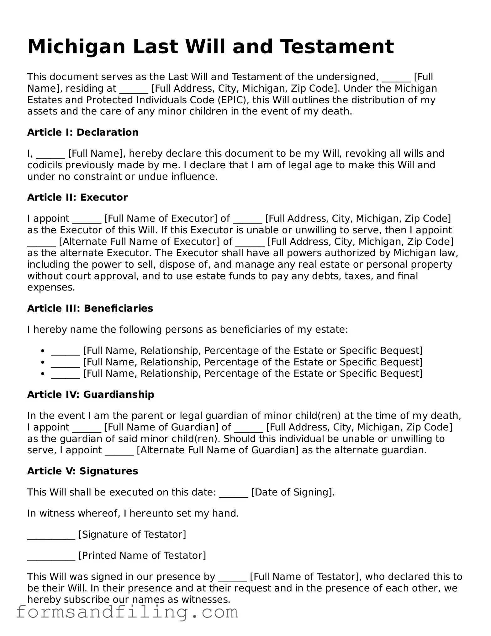 Free Michigan Last Will and Testament Template