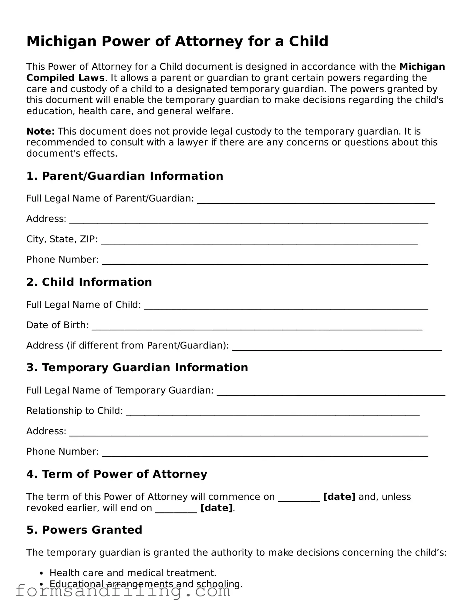 Free Michigan Power of Attorney for a Child Template