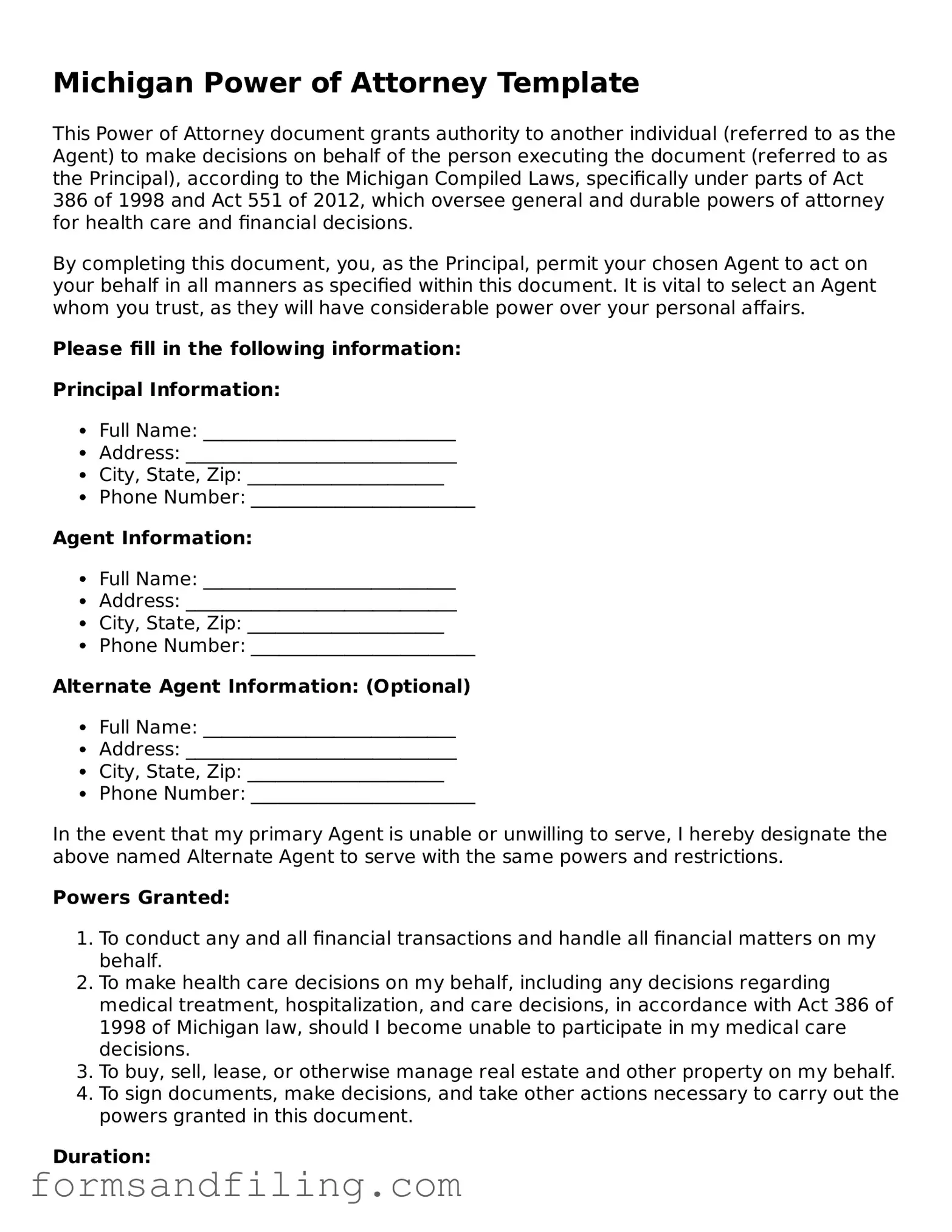 Free Michigan Power of Attorney Template