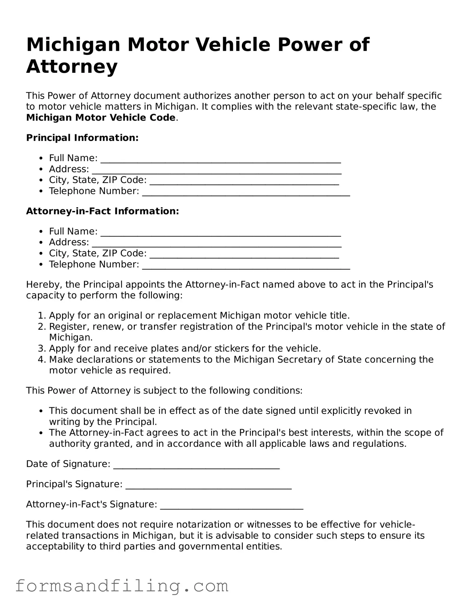 Free Michigan Motor Vehicle Power of Attorney Template