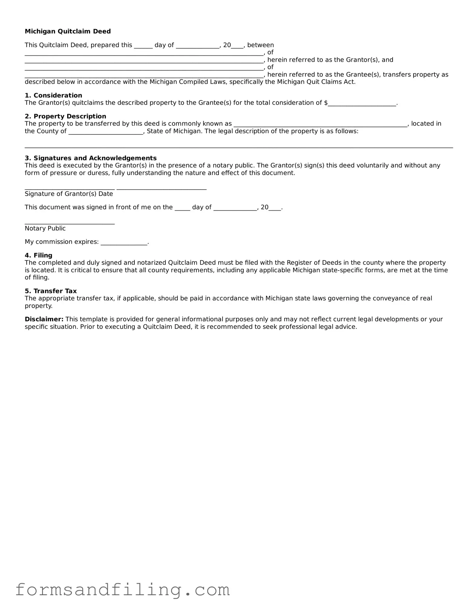 Free Michigan Quitclaim Deed Template