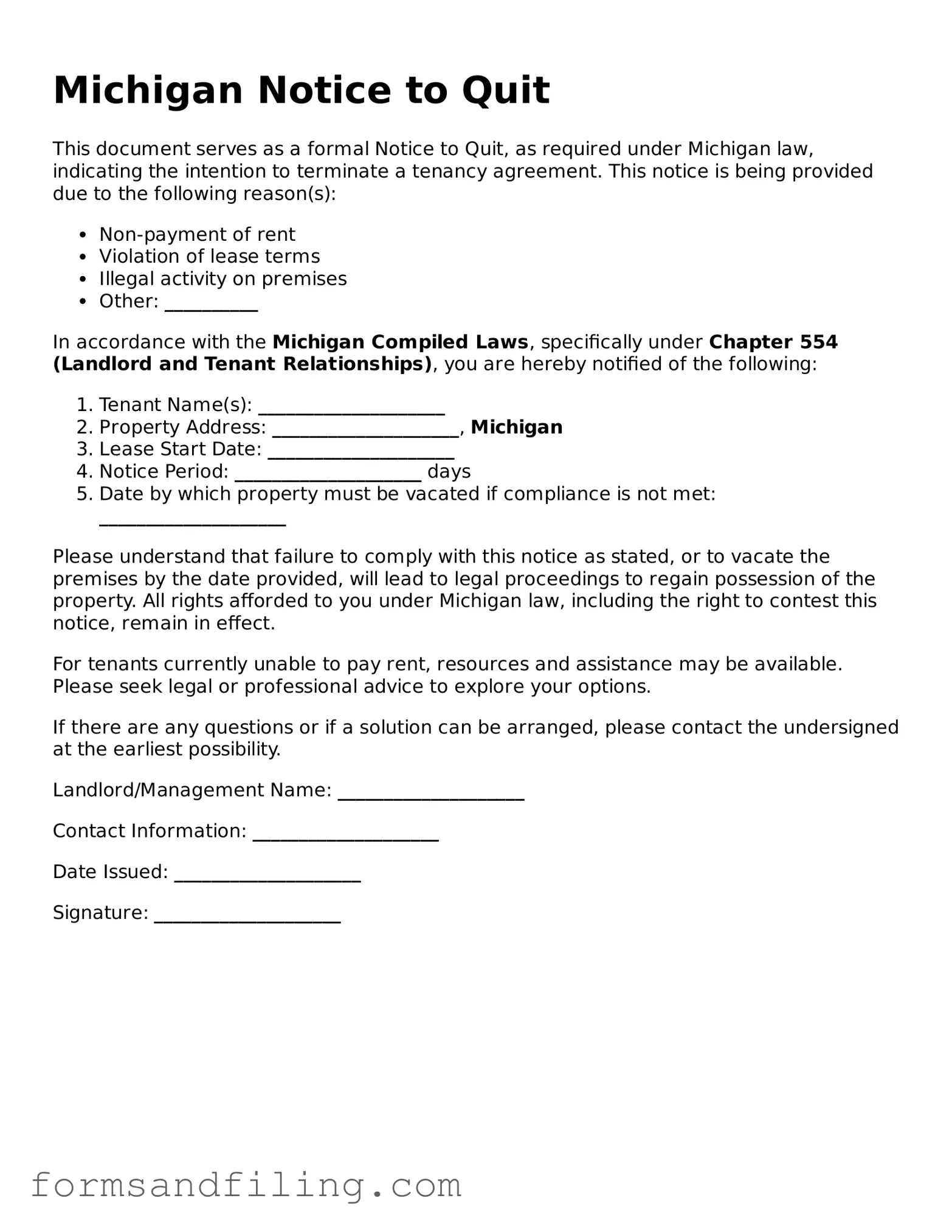 Free Michigan Notice to Quit Template