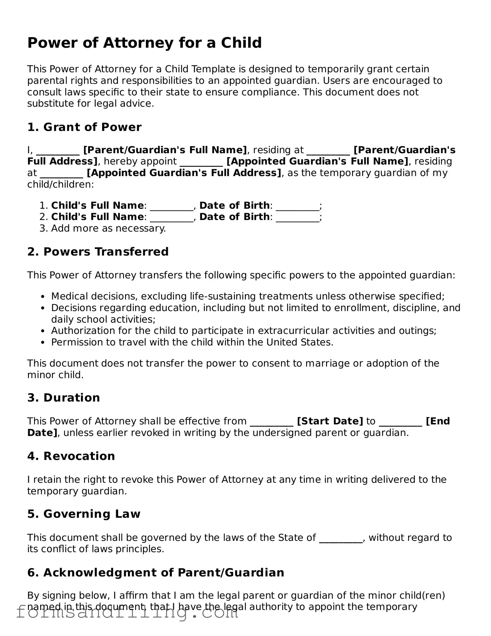 Free Power of Attorney for a Child Template