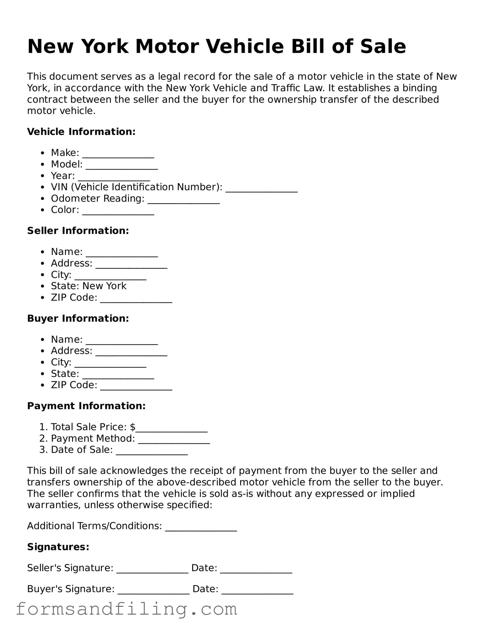 Free New York Motor Vehicle Bill of Sale Template