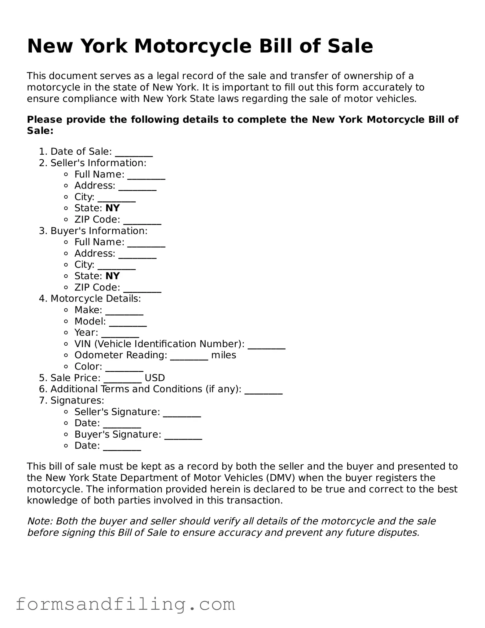 Free New York Motorcycle Bill of Sale Template