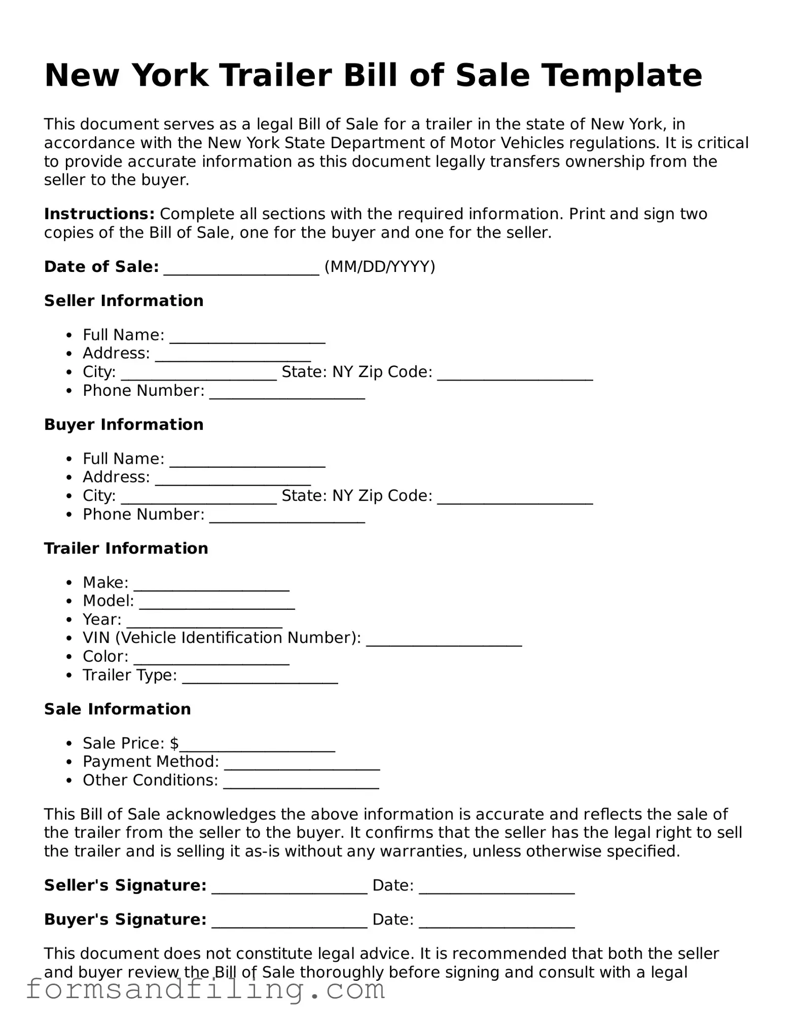 Free New York Trailer Bill of Sale Template