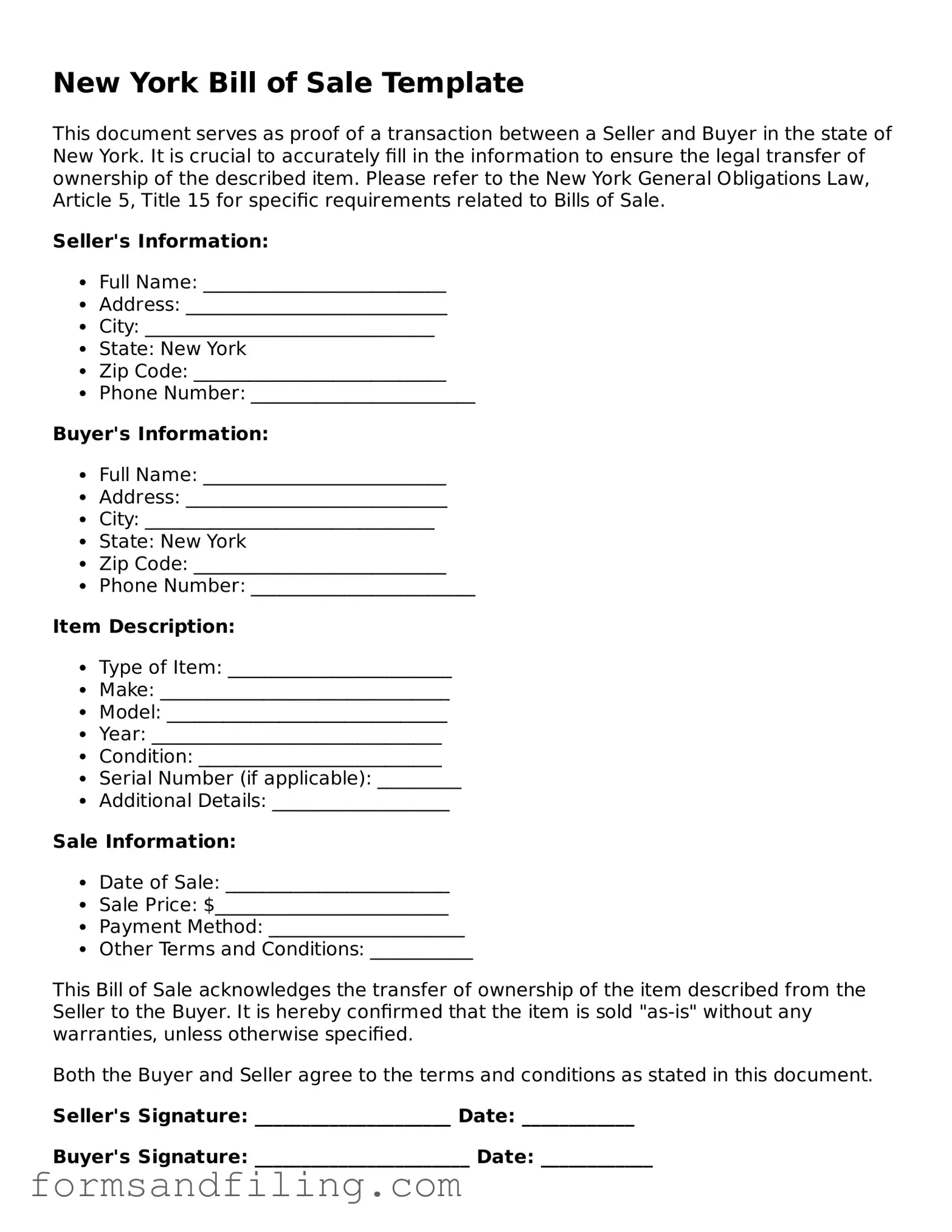 Free New York Bill of Sale Template