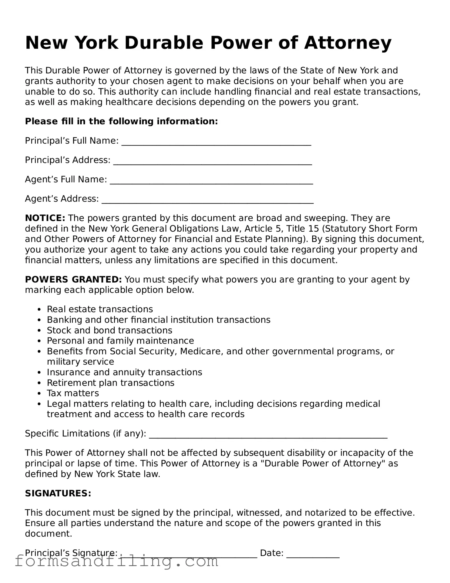 Free New York Durable Power of Attorney Template