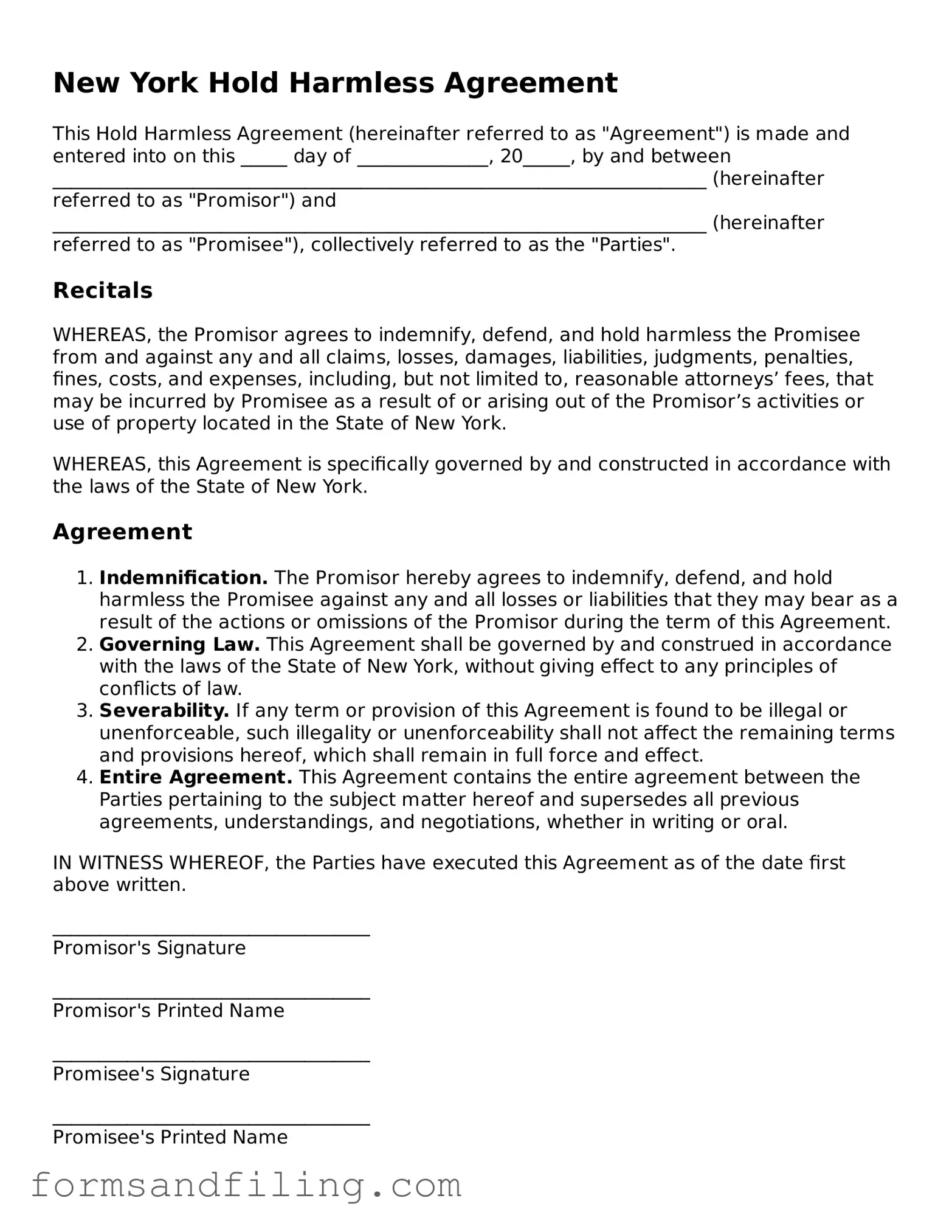 Free New York Hold Harmless Agreement Template