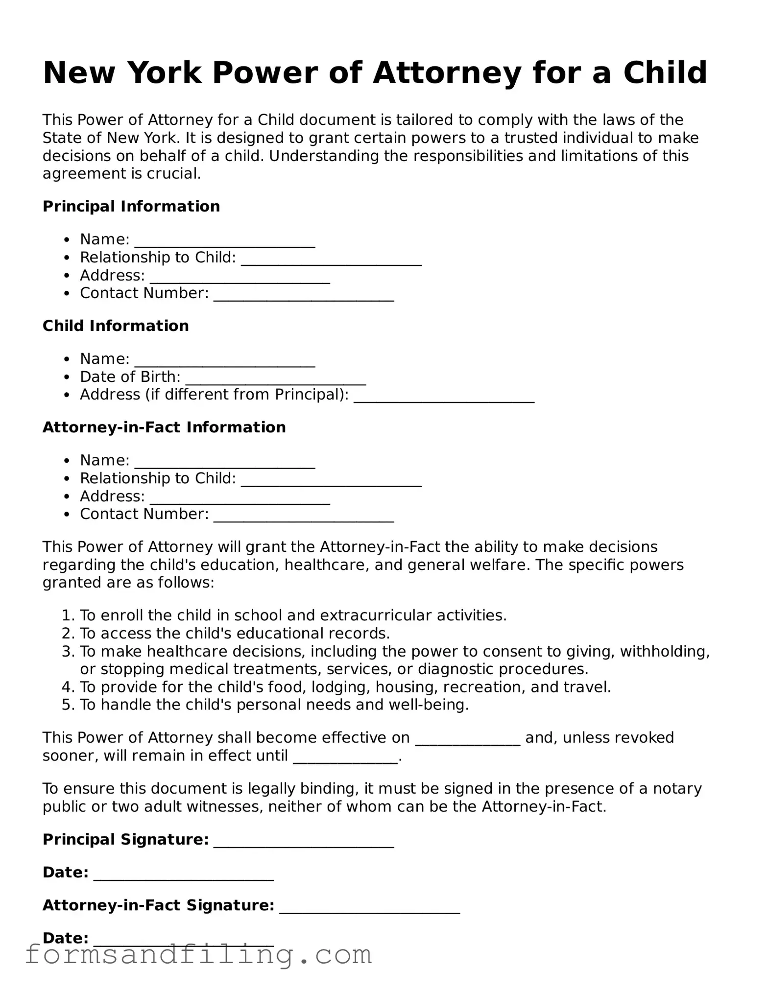 Free New York Power of Attorney for a Child Template