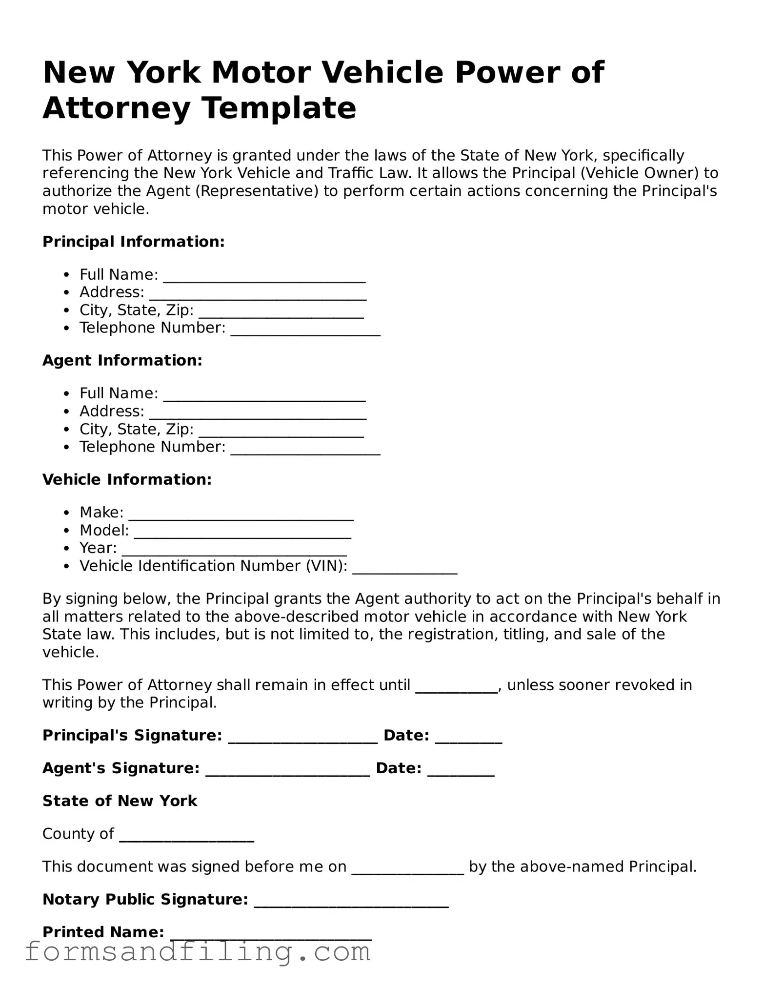 Free New York Motor Vehicle Power of Attorney Template