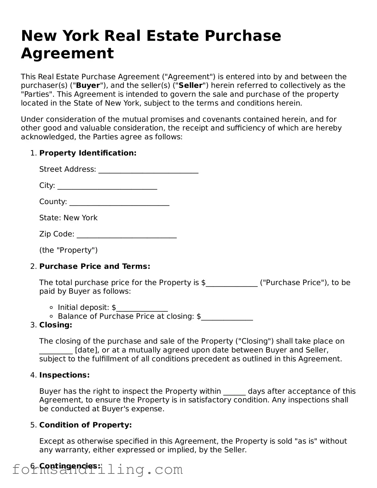 Free New York Real Estate Purchase Agreement Template