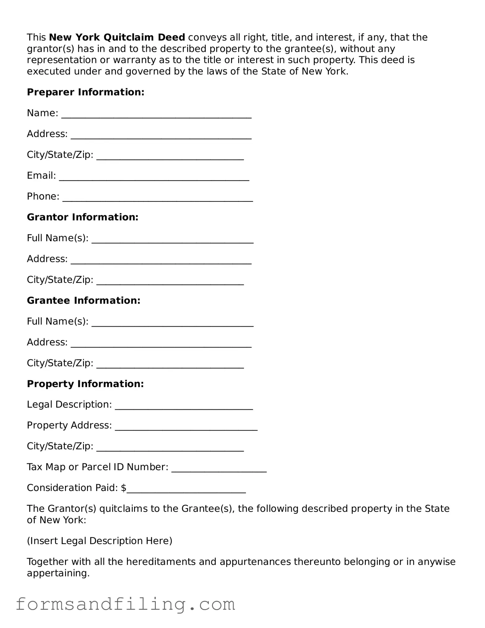 Free New York Quitclaim Deed Template