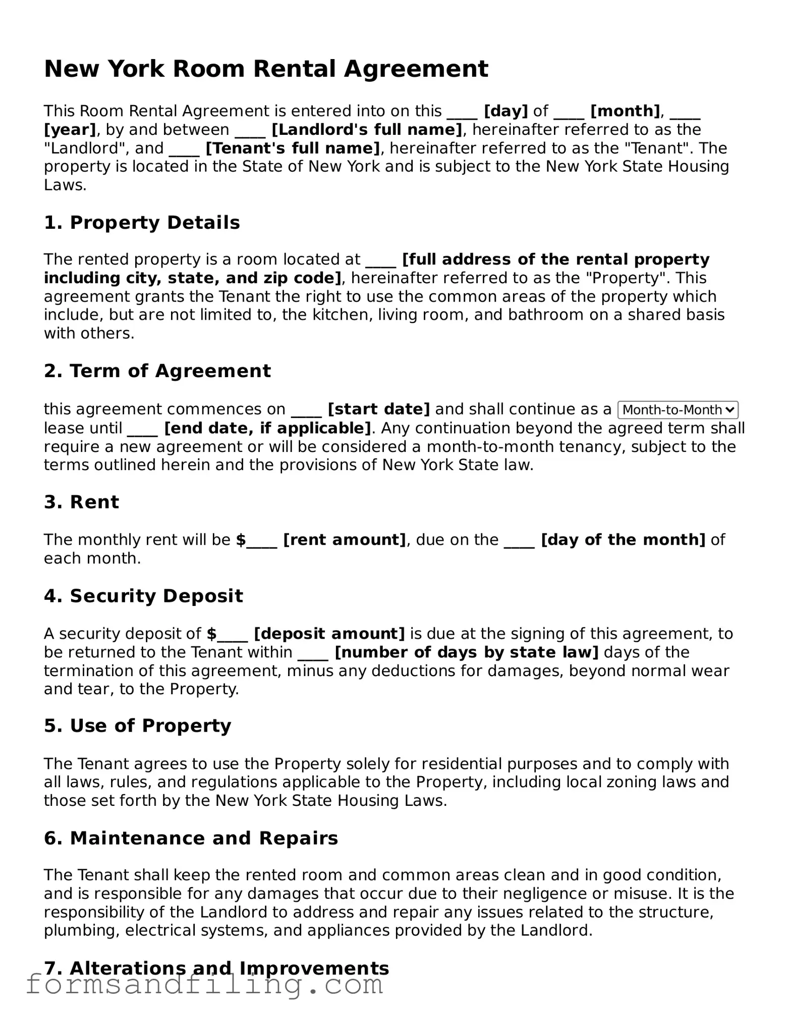 Free New York Room Rental Agreement Template