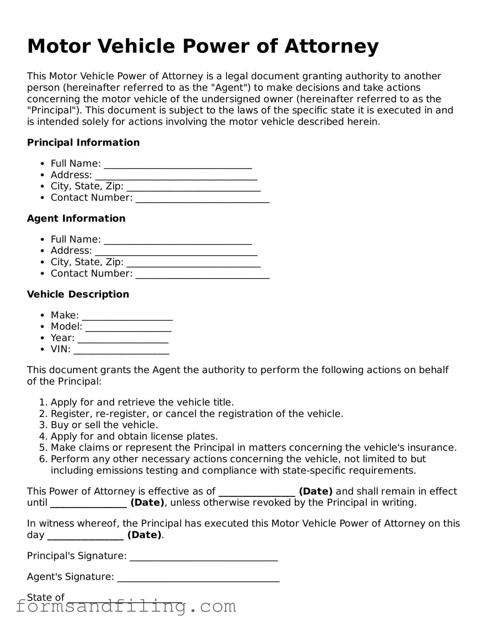 Free Motor Vehicle Power of Attorney Template