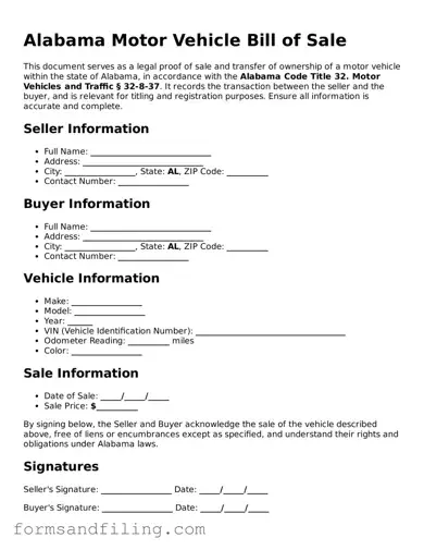 Free Alabama Motor Vehicle Bill of Sale Template