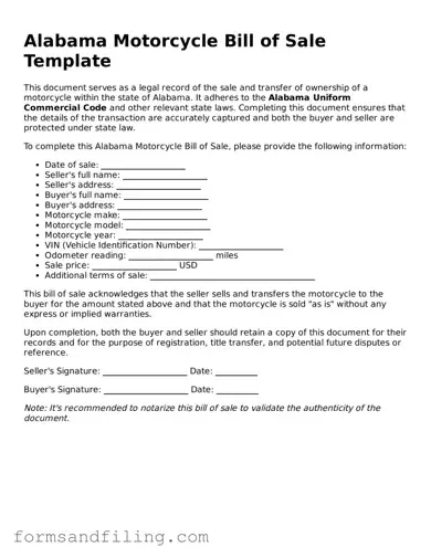 Free Alabama Motorcycle Bill of Sale Template