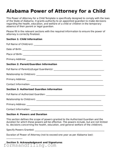 Free Alabama Power of Attorney for a Child Template