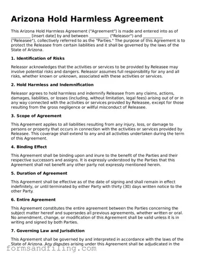 Free Arizona Hold Harmless Agreement Template