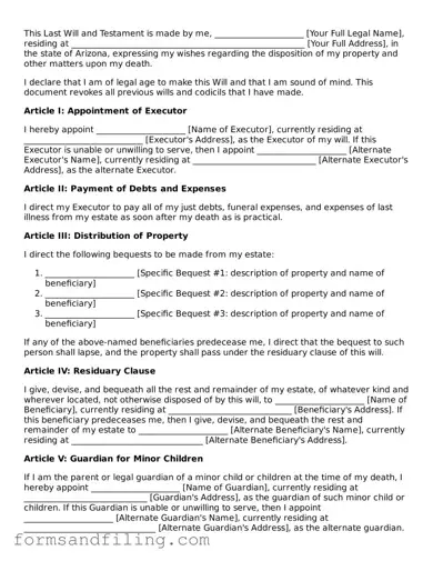Free Arizona Last Will and Testament Template
