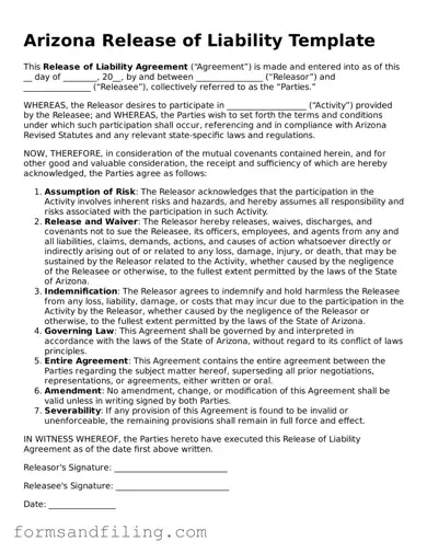 Free Arizona Release of Liability Template