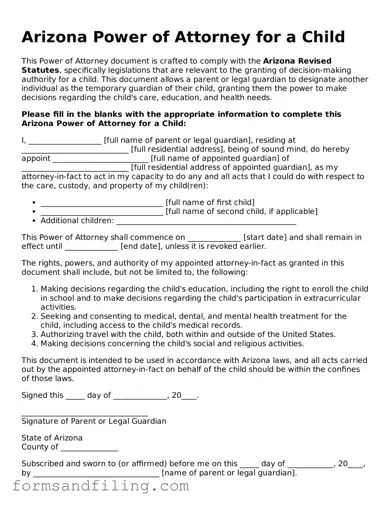 Free Arizona Power of Attorney for a Child Template