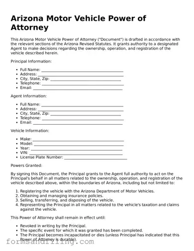 Free Arizona Motor Vehicle Power of Attorney Template
