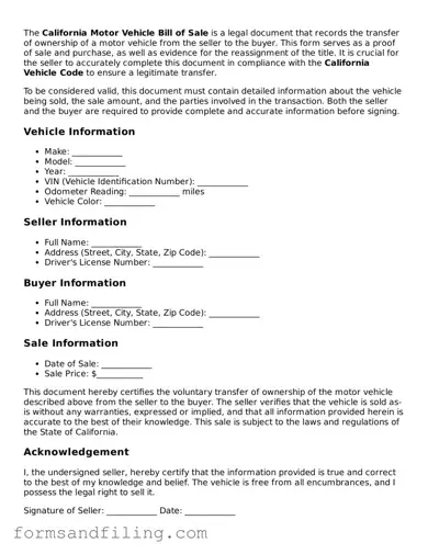 Free California Motor Vehicle Bill of Sale Template