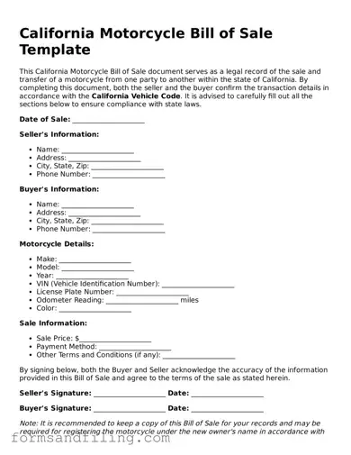 Free California Motorcycle Bill of Sale Template