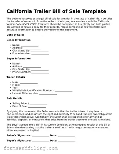 Free California Trailer Bill of Sale Template