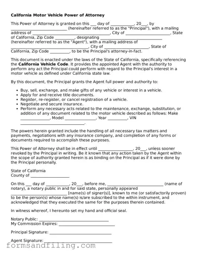 Free California Motor Vehicle Power of Attorney Template