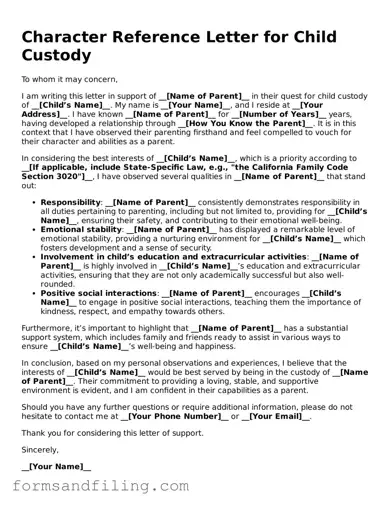 Free Character Reference Letter for Child Custody Template