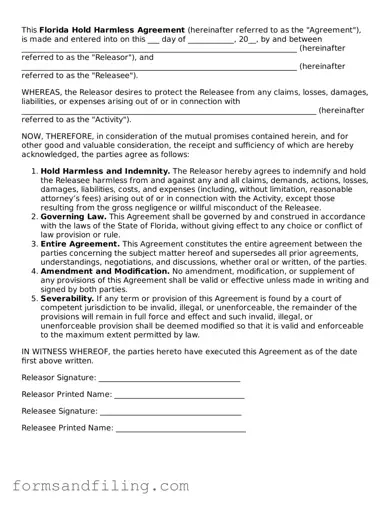 Free Florida Hold Harmless Agreement Template