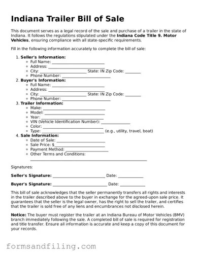 Free Indiana Trailer Bill of Sale Template