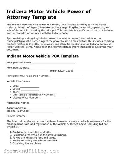 Free Indiana Motor Vehicle Power of Attorney Template