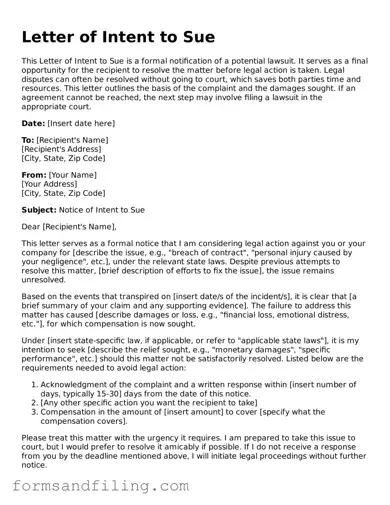 Free Letter of Intent to Sue Template