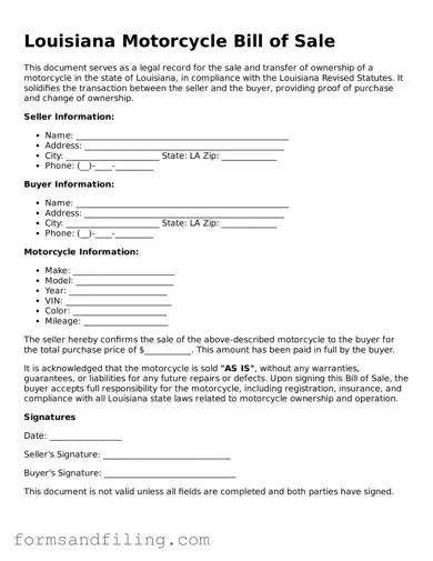 Free Louisiana Motorcycle Bill of Sale Template