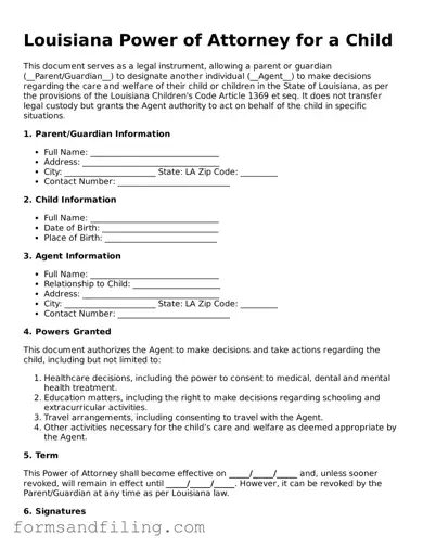 Free Louisiana Power of Attorney for a Child Template