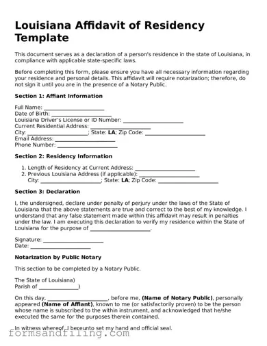 Free Louisiana Affidavit of Residency Template