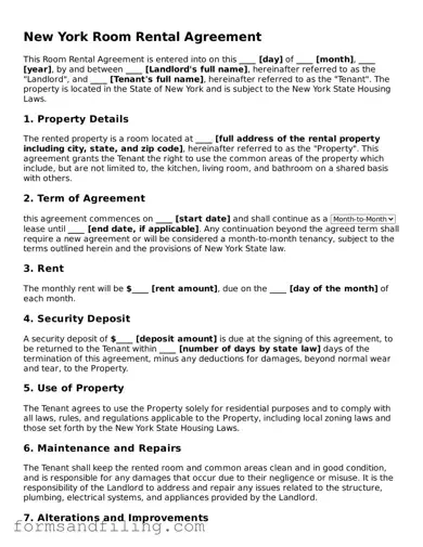 Free New York Room Rental Agreement Template