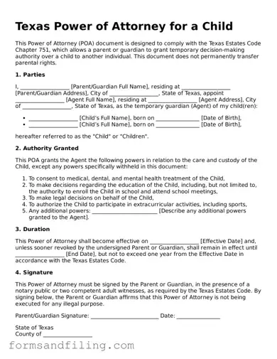 Free Texas Power of Attorney for a Child Template