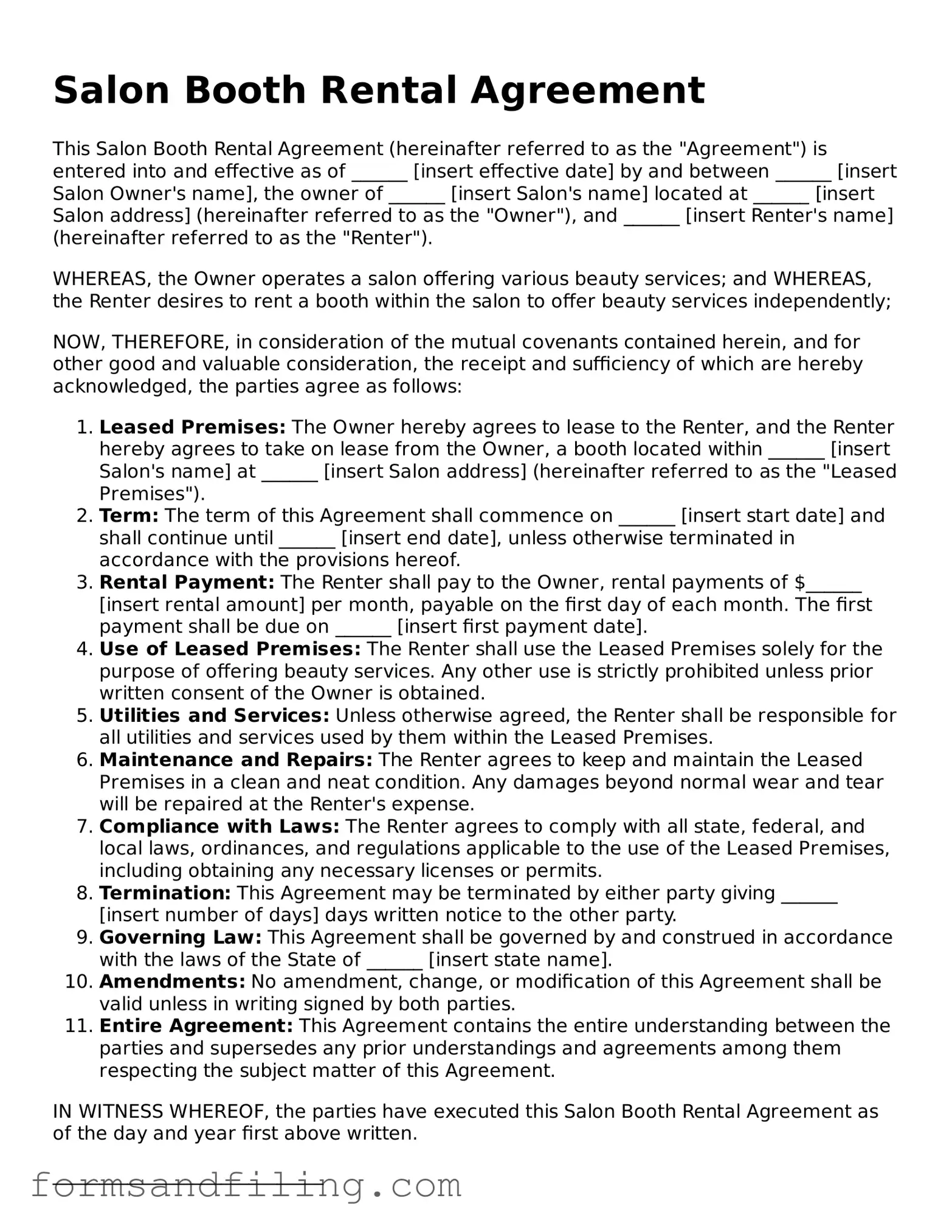 Free Salon Booth Rental Agreement Template