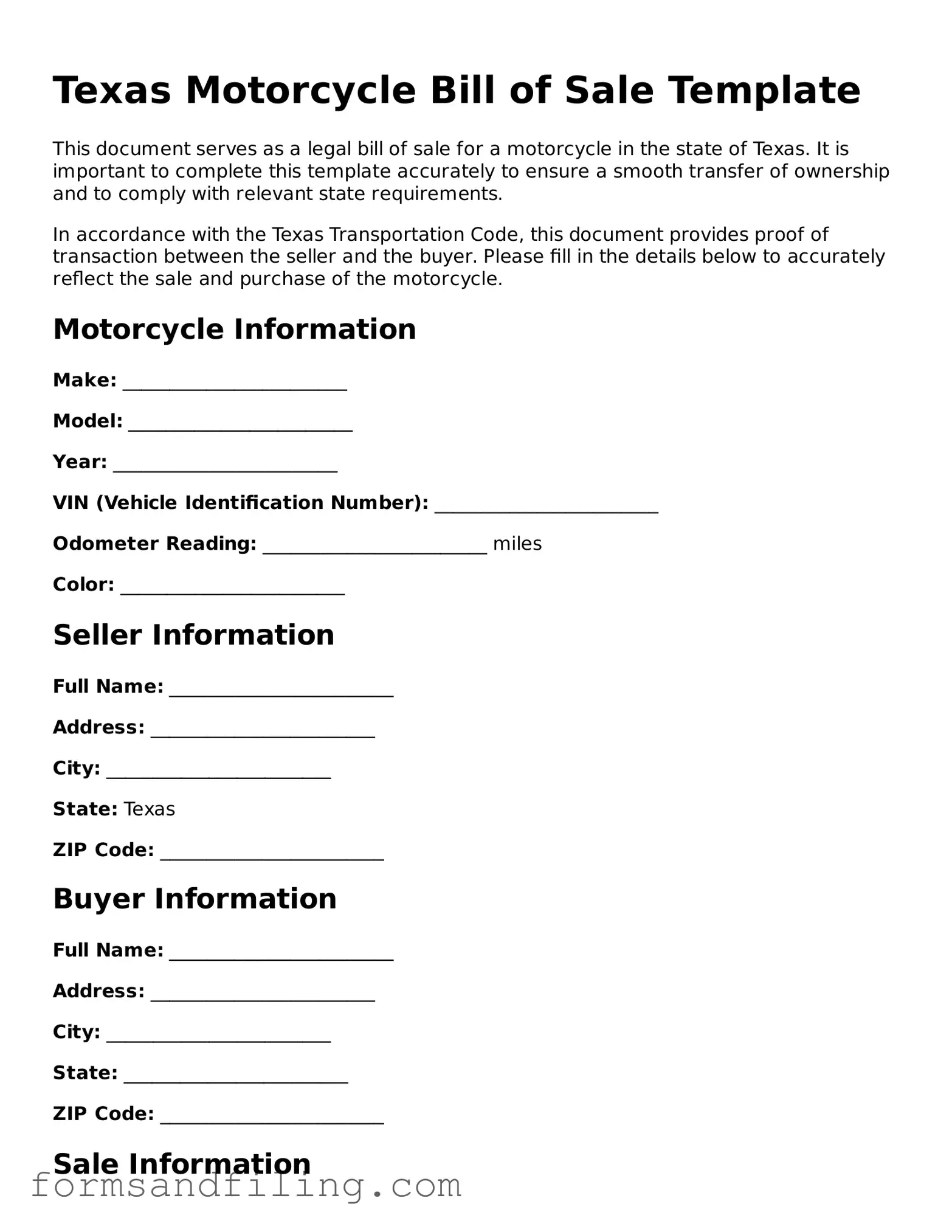 Free Texas Motorcycle Bill of Sale Template