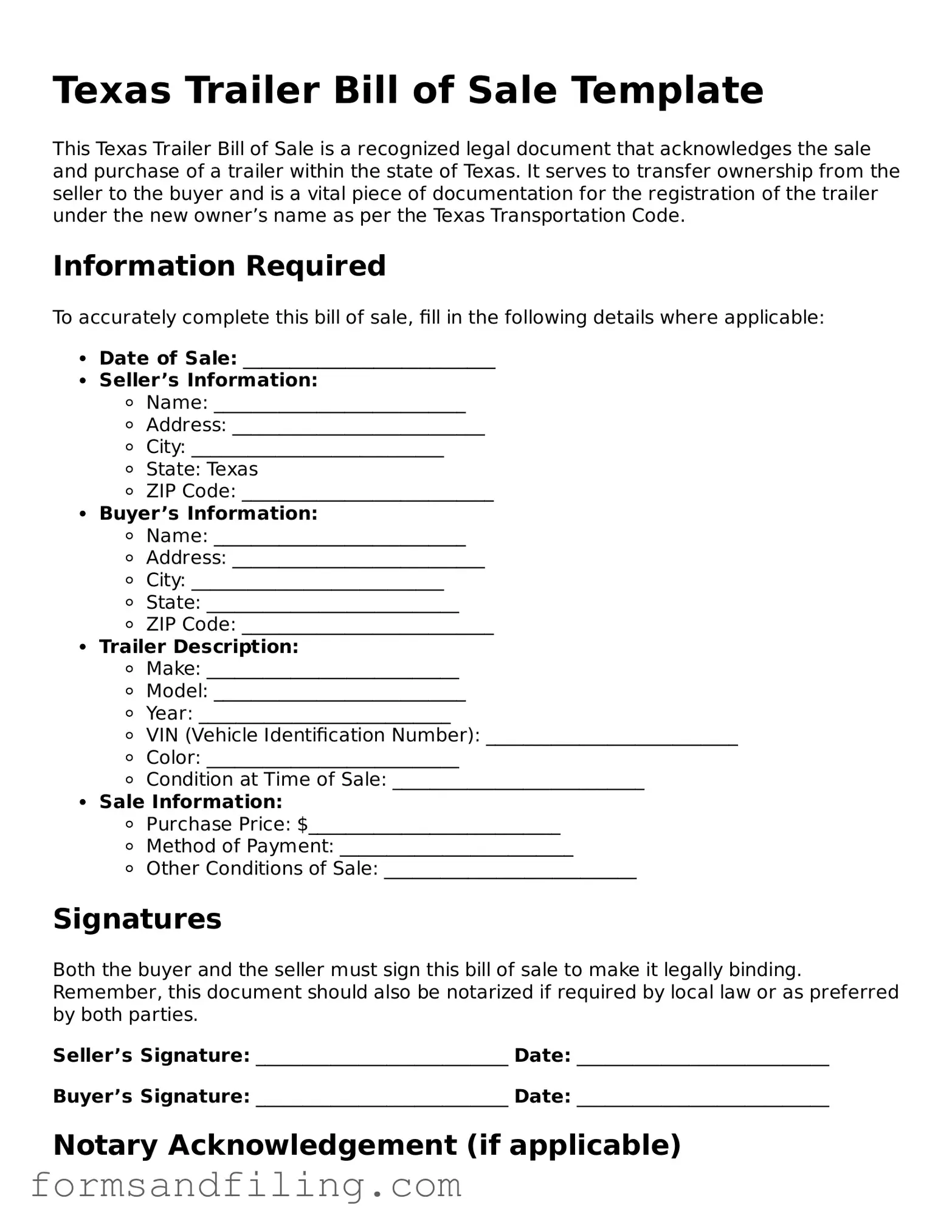 Free Texas Trailer Bill of Sale Template