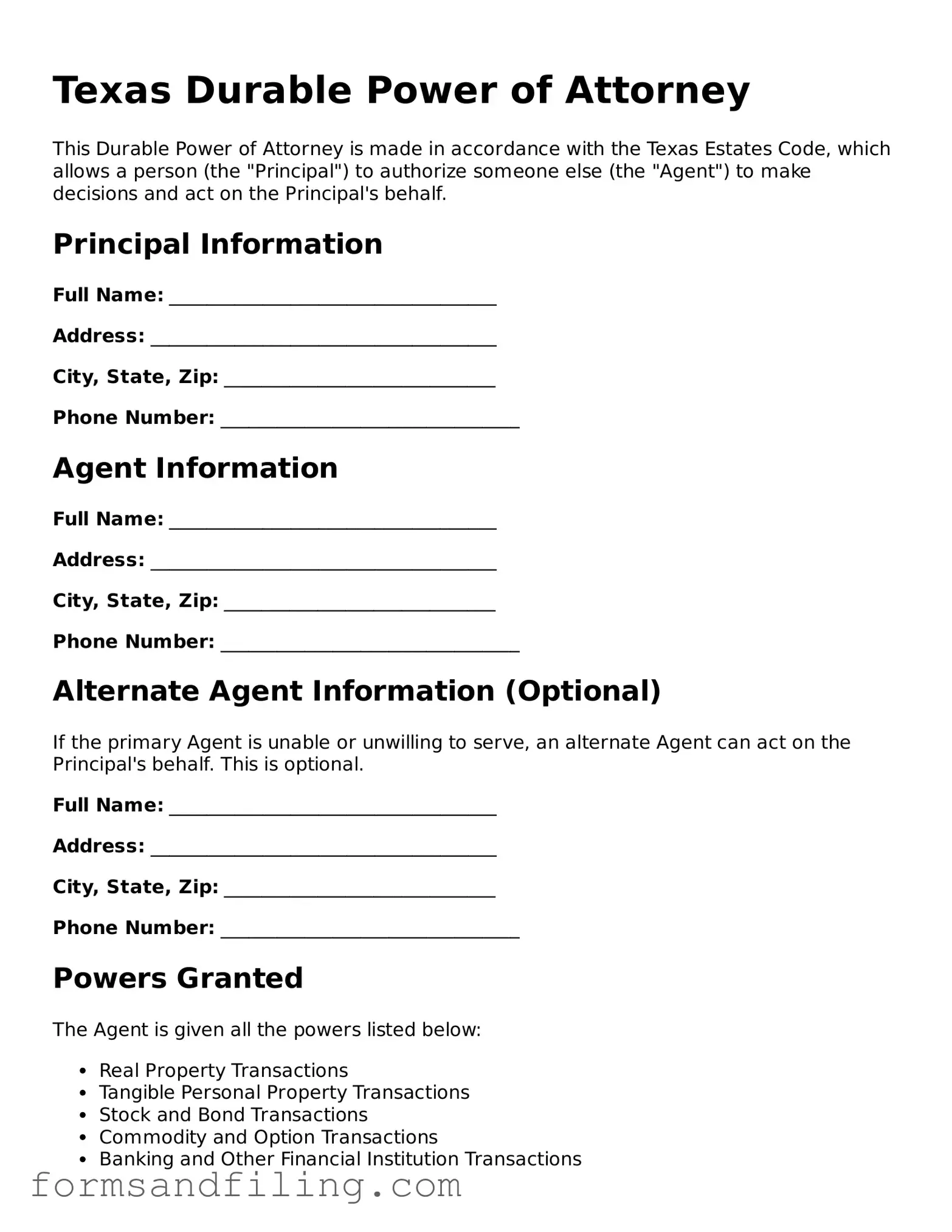 Free Texas Durable Power of Attorney Template