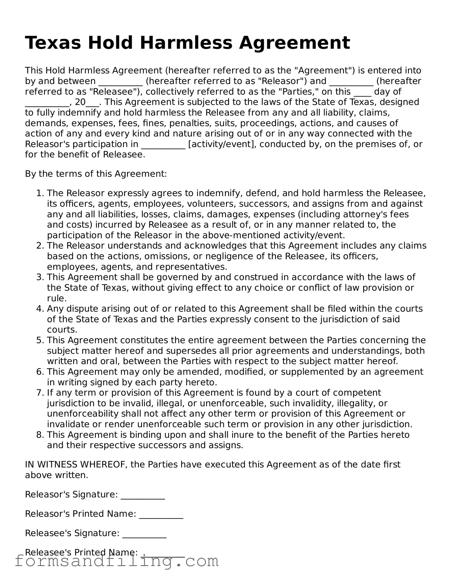 Free Texas Hold Harmless Agreement Template